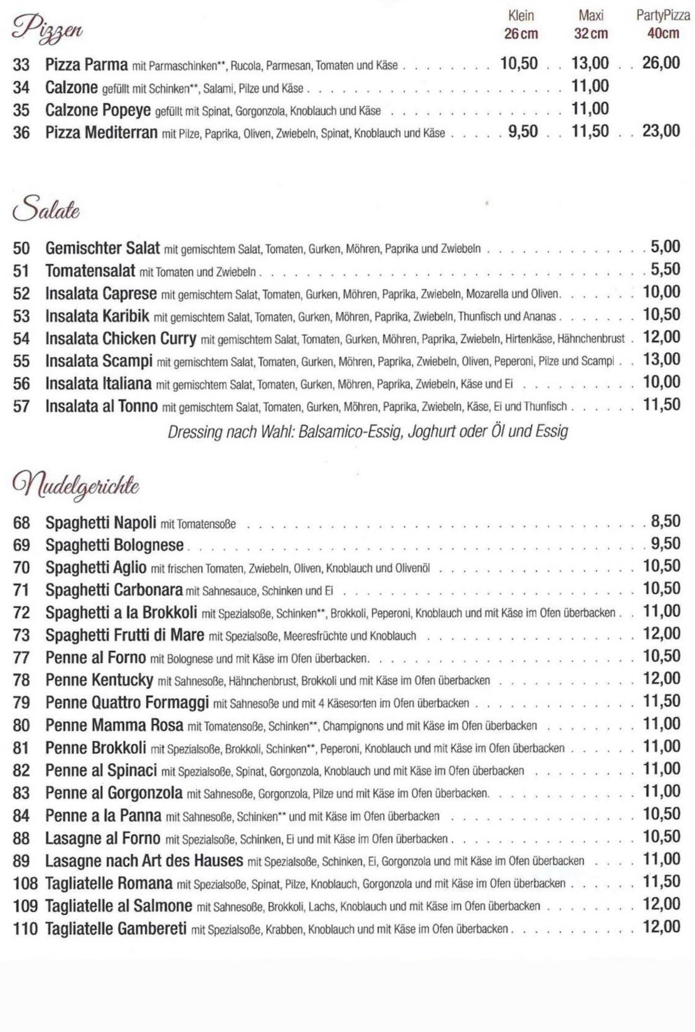 Speisekarte La Toscana be Eliyo Seite 2 – weitere Gerichte und Getränke